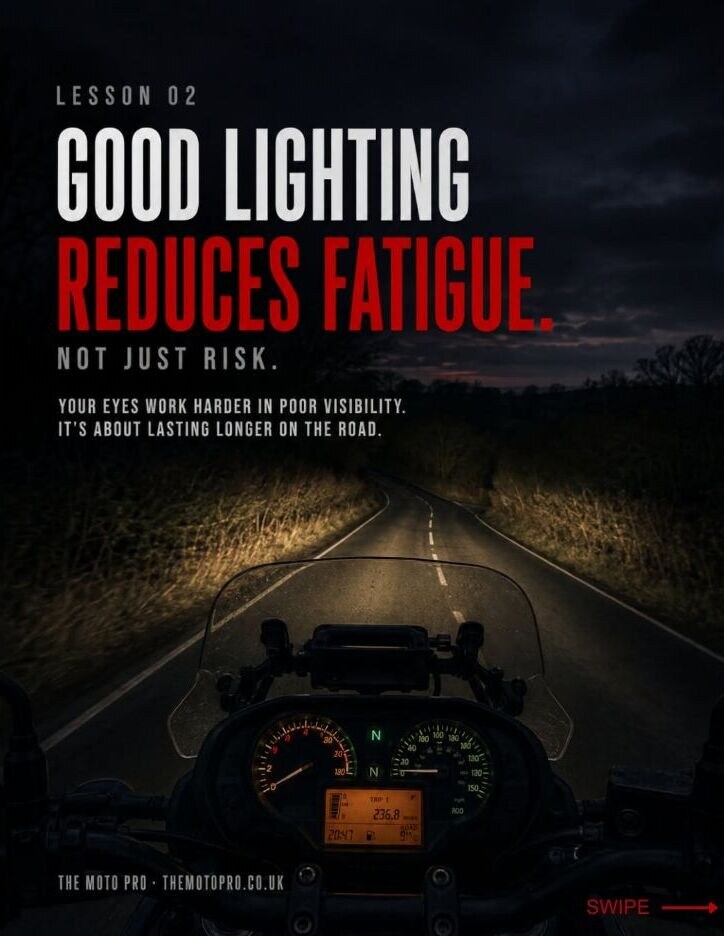 TheMotoPro social post about motorcycle lighting and rider fatigue