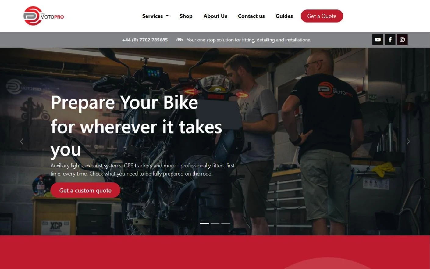 TheMotoPro website with motorcycle fitting services